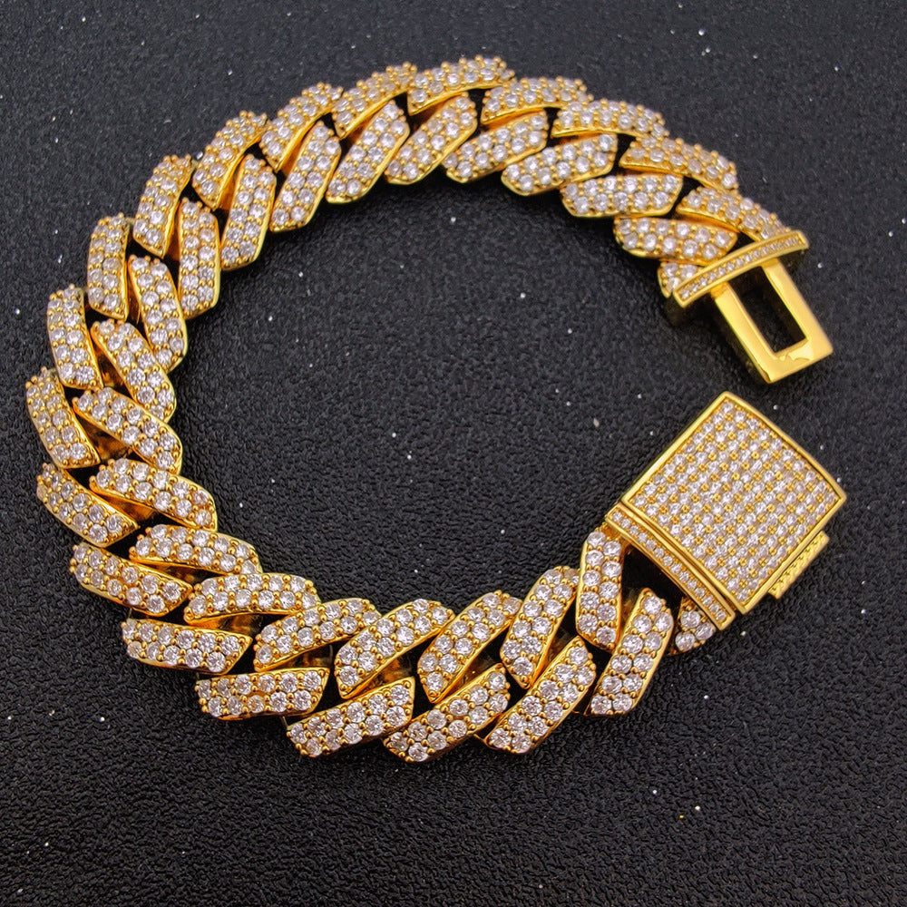 Hip Hop 15mm Double Row Zircon Diamond Cuban Chain Real Gold Plating