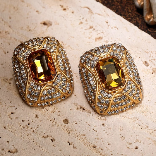 Square Full Zircon Citrine Silver Pin Earrings