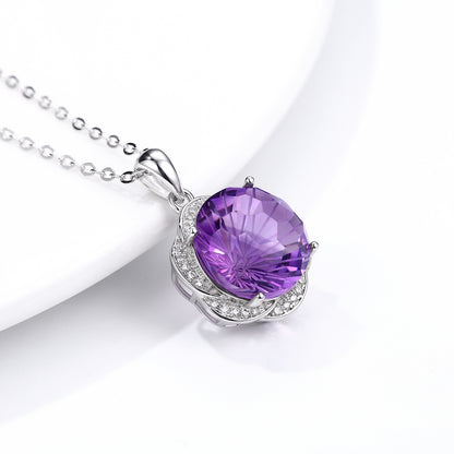 S925 Silver Set Natural Amethyst Necklace European And American Luxury Flower Design Pendant