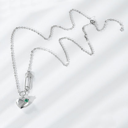 Cool Necklace Women's Fashion S925 Silver Emerald Heart Pendant Paper Clip