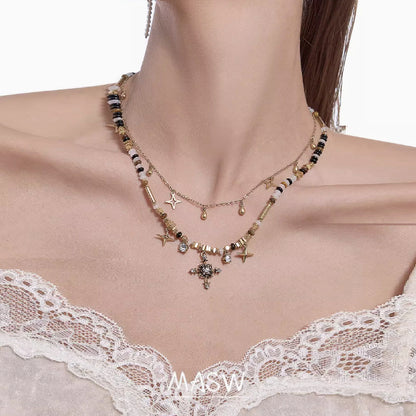 Nostalgic Series Trendy Cool Beaded Cross Necklace Neutral Double Layer New Sweater Chain