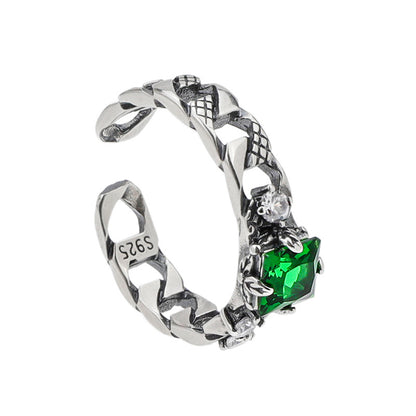 Sterling Silver Cuban Link Chain Green Stone Ring Men's Hip Hop