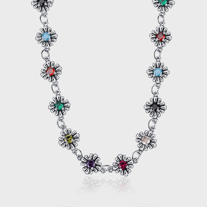 S925 Sterling Silver Gram Colorful Zircon Small Flowers Universal Sweater Chain Necklace