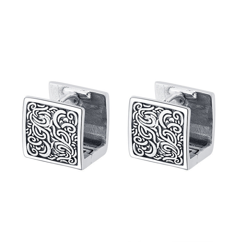 Sterling Silver Retro Thai Silver National Style Auspicious Cloud Matte Frosted Square Versatile Simple Earrings