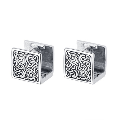 Sterling Silver Retro Thai Silver National Style Auspicious Cloud Matte Frosted Square Versatile Simple Earrings