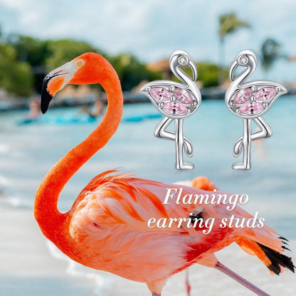 Boucles d'oreilles à tige en argent sterling plaqué or blanc avec flamant rose et zircones cubiques