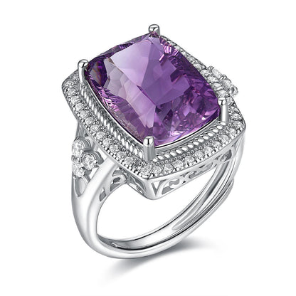 S925 Silver Set Pillow Shaped Millennium Cut Natural Amethyst Ring