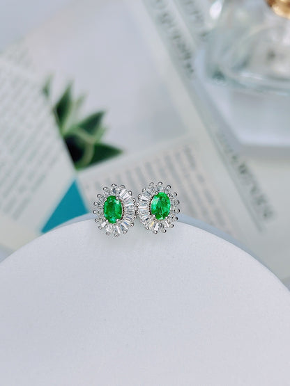 S925 Silver Natural Emerald Stud Earrings