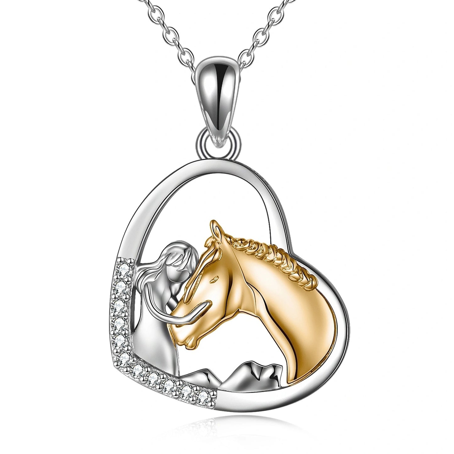 Collar con colgante de corazón de caballo abrazado en plata esterlina para mujeres y niñas