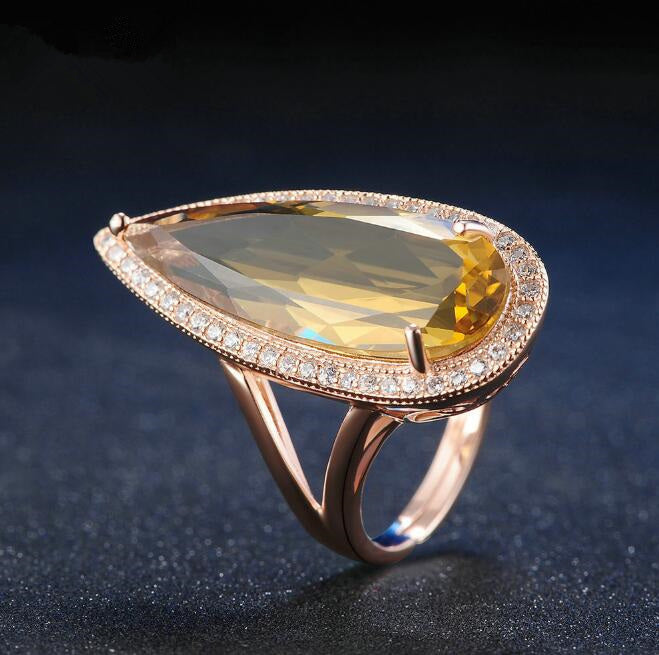 Natural citrine stone luxury waterdrop 925 sterling silver ring fine jewelry for women rose