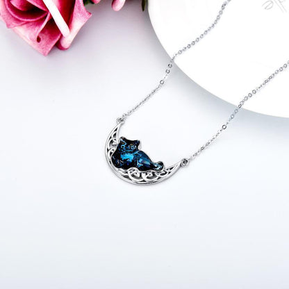 Collier chat et lune celtique avec cristal bleu en argent sterling S925