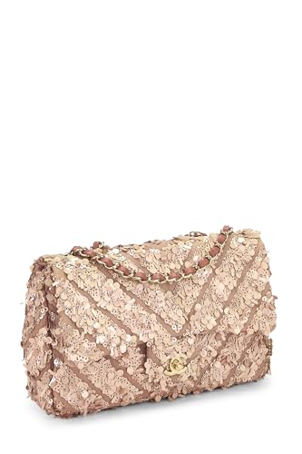 Chanel, sac à rabat à chevrons à sequins roses d'occasion de taille moyenne, rose