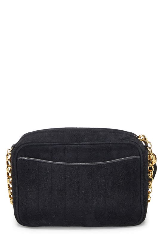 CHANEL, Mini bolso para cámara con bolsillo vertical de ante negro Pre-Loved, Negro