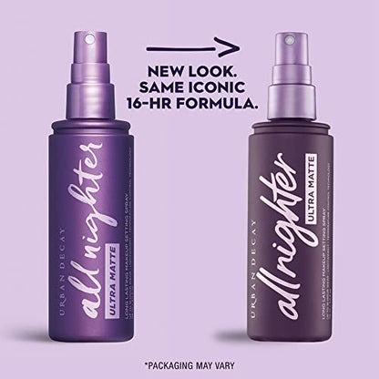 Spray fixateur de maquillage ultra mat All Nighter d'Urban Decay pour le visage (format standard), anti-transfert, tenue longue durée 16 heures, avec argile de kaolin absorbant l'huile, finition mate, végétalien - 4 fl oz