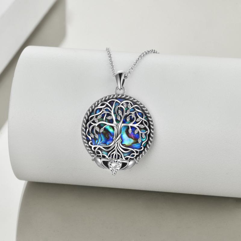 Collar de árbol de la vida celta de Claddagh con concha de abulón para mujer en plata de ley