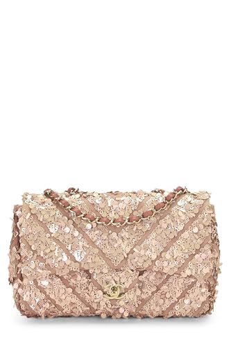 Chanel, sac à rabat à chevrons à sequins roses d'occasion de taille moyenne, rose