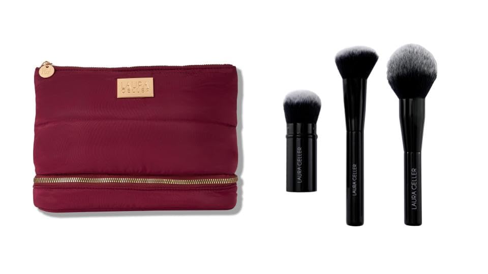 LAURA GELLER Quilted Makeup Bag with Brush Case, Burgundy + Complexion Brush Set : Airbrush Kabuki Brush + Angled Blush Brush + Classic Bronzer Brush