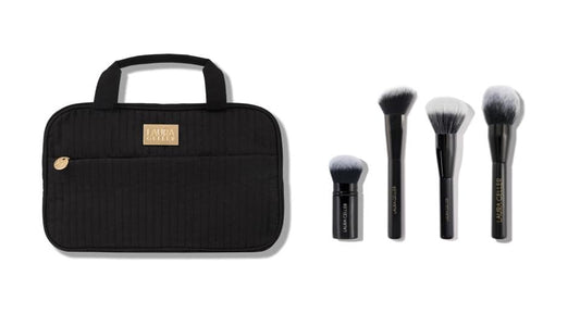 LAURA GELLER Quilted Folding Travel Makeup Bag, Black + Full Face Brush Set