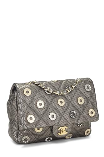 Chanel, Pre-Loved Paris-Dubai Silver Perforated Leather Medals Flap Bag Small, Silver