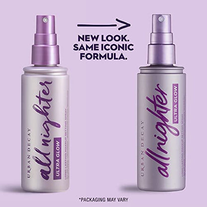 Spray fixateur de maquillage pour le visage All Nighter Extra Glow Dewy d'Urban Decay, sans transfert, tenue longue durée 16 heures, acide hyaluronique et extrait d'agave, fini radieux, sans huile, sans paraben, végétalien - 4 fl oz