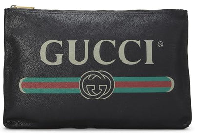 Gucci, Pre-Loved Black Leather Logo Print Pouch, Black