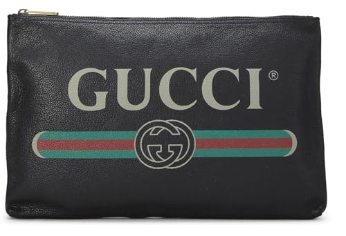 Gucci, Pre-Loved Black Leather Logo Print Pouch, Black