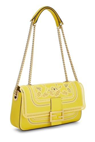 Fendi, sac à main en cuir jaune brodé avec chaîne baguette de taille moyenne, jaune