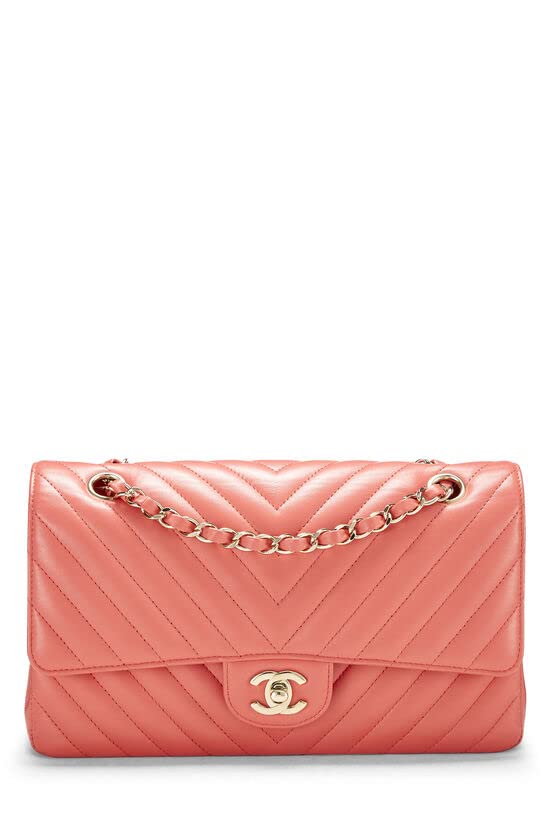 CHANEL, Pre-Loved Pink Chevron Piel de cordero clásica con doble solapa mediana, Rosa