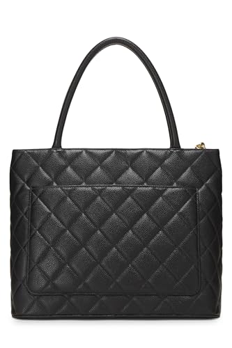 Chanel, sac fourre-tout matelassé noir à médaillon en caviar d'occasion, noir