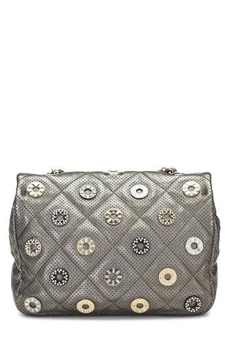 Chanel, Pre-Loved Paris-Dubai Silver Perforated Leather Medals Flap Bag Small, Silver