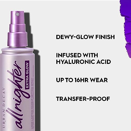 Spray fixateur de maquillage pour le visage All Nighter Extra Glow Dewy d'Urban Decay, sans transfert, tenue longue durée 16 heures, acide hyaluronique et extrait d'agave, fini radieux, sans huile, sans paraben, végétalien - 4 fl oz