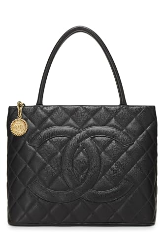 Chanel, sac fourre-tout matelassé noir à médaillon en caviar d'occasion, noir