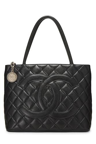 Chanel, sac fourre-tout matelassé noir à médaillon en caviar d'occasion, noir