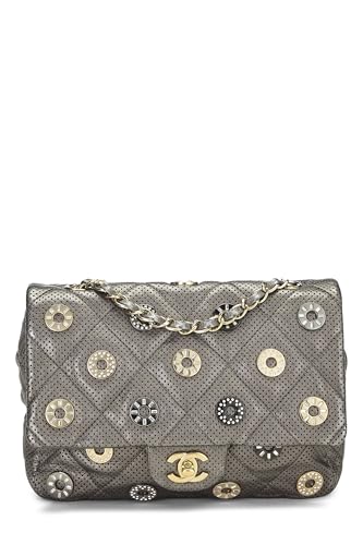 Chanel, Pre-Loved Paris-Dubai Silver Perforated Leather Medals Flap Bag Small, Silver