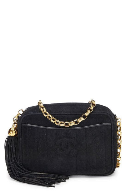 CHANEL, Mini bolso para cámara con bolsillo vertical de ante negro Pre-Loved, Negro