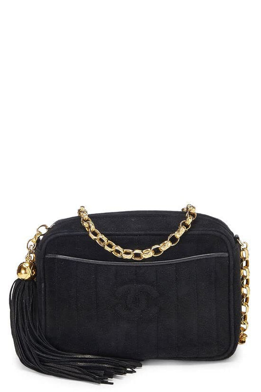 CHANEL, Mini sac photo vertical en daim noir d'occasion, noir