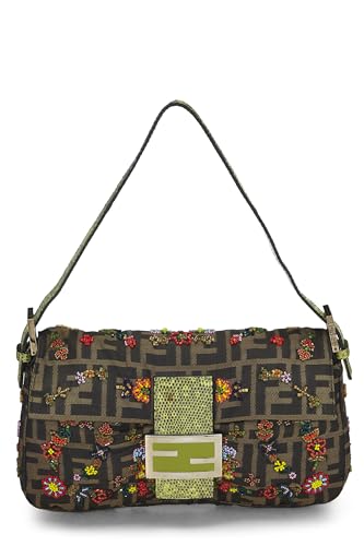 Fendi, Pre-Loved Brown Zucca Canvas Embellished Baguette, Green