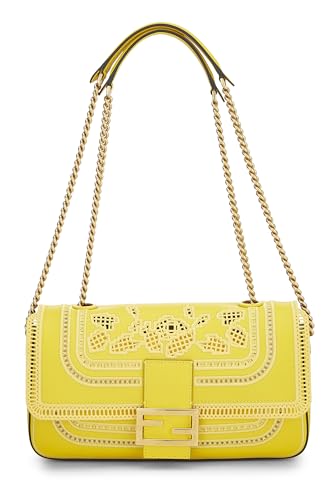 Fendi, sac à main en cuir jaune brodé avec chaîne baguette de taille moyenne, jaune