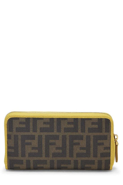 Fendi, Cartera con cremallera alrededor de lona revestida Zucca amarilla Pre-Loved, Marrón