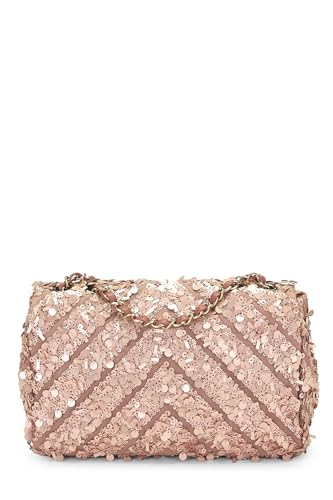 Chanel, sac à rabat à chevrons à sequins roses d'occasion de taille moyenne, rose