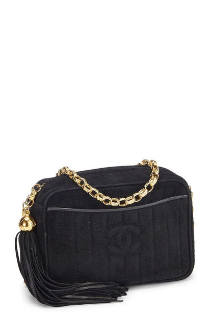 CHANEL, Mini sac photo vertical en daim noir d'occasion, noir