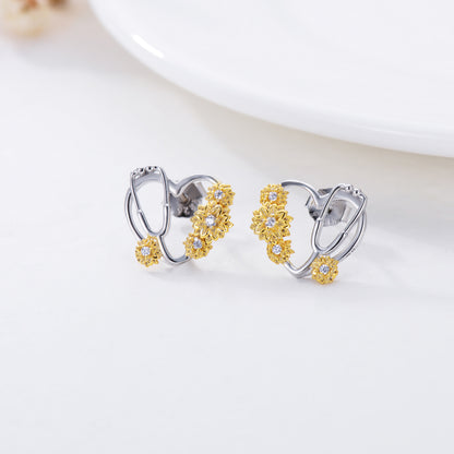 Boucles d'oreilles en forme de cœur avec stéthoscope et tournesol en argent sterling pour femme infirmière