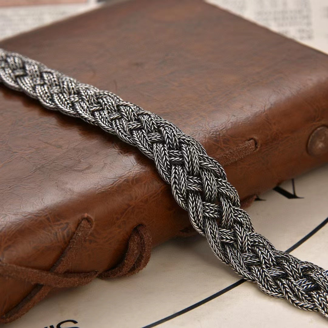 Pulsera de cola de caballo de tres hilos con trenza doble tejida a mano estilo vintage para hombre en plata de ley S925