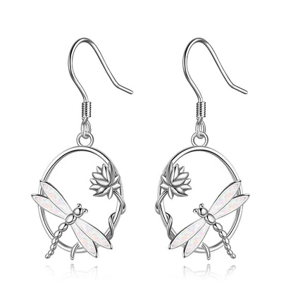 Boucles d'oreilles pendantes en argent sterling avec opale libellule