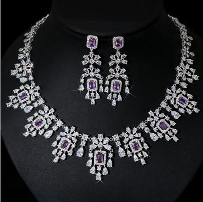 European And American Fashion Retro Square Zircon Necklace Earrings