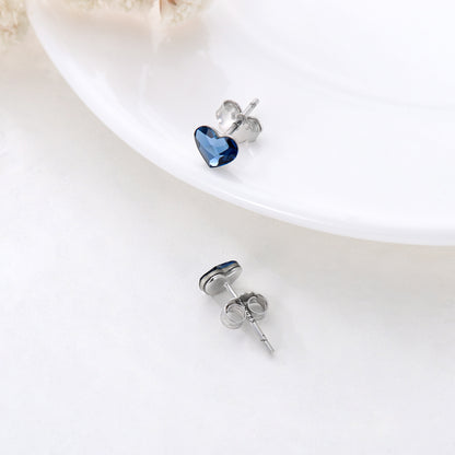 Sterling Silver Blue Crystal Tiny Small Heart Studs Earrings for Sensitive Ears