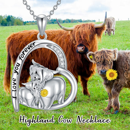 Collier avec pendentif vache des Highlands pour femme en argent sterling, collier avec pendentif vache mère-fille, cadeau de fête des mères