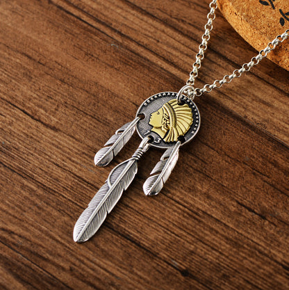 Sterling Silver Vintage Thai Silver Fashion Indian Feather Trendy Men's Portrait Pendant