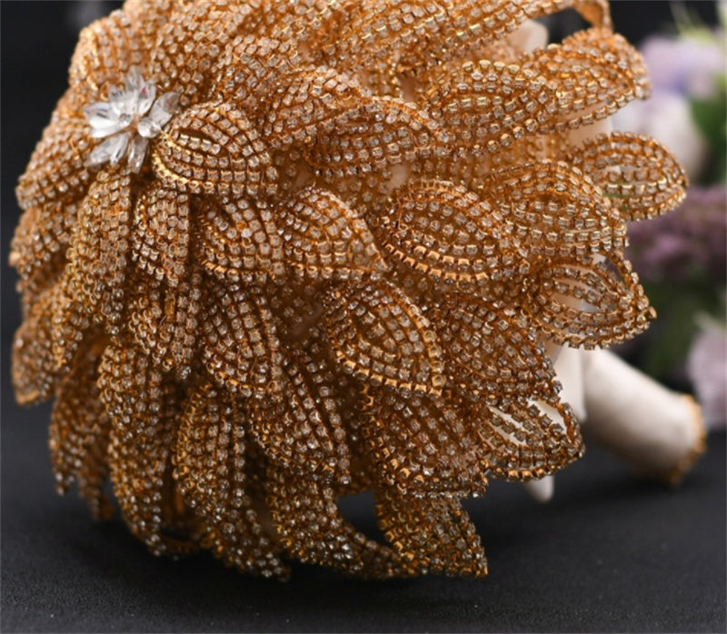 Handmade Rhinestone Gold Handheld Flower Bridal Wedding Bouquet