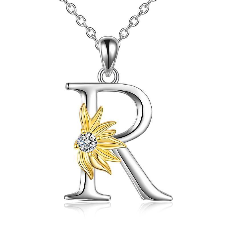 Collar con colgante con nombre y letra A del alfabeto inicial en plata de ley con girasol